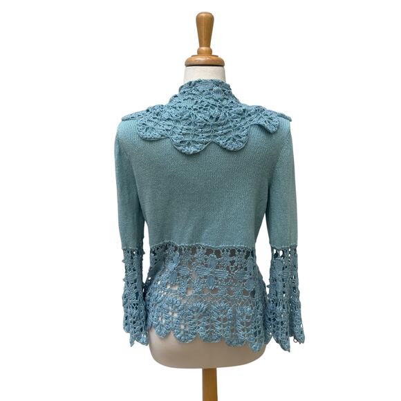 VTG Nine West Cardigan Sz L Blue Ramie Open Front Crochet Bell Sleeve Boho Y2K - Picture 5 of 10